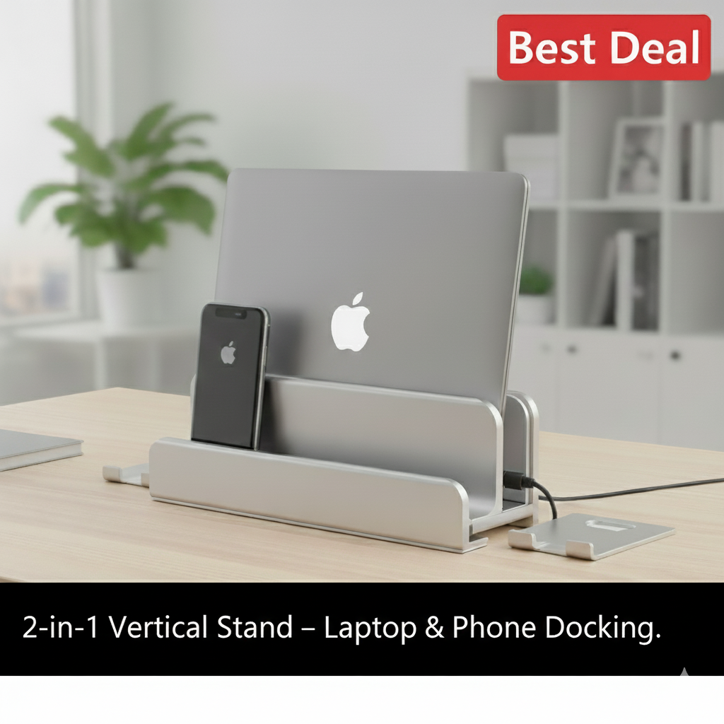 Image of 2-in-1 Vertical Laptop Stand with Phone Docking